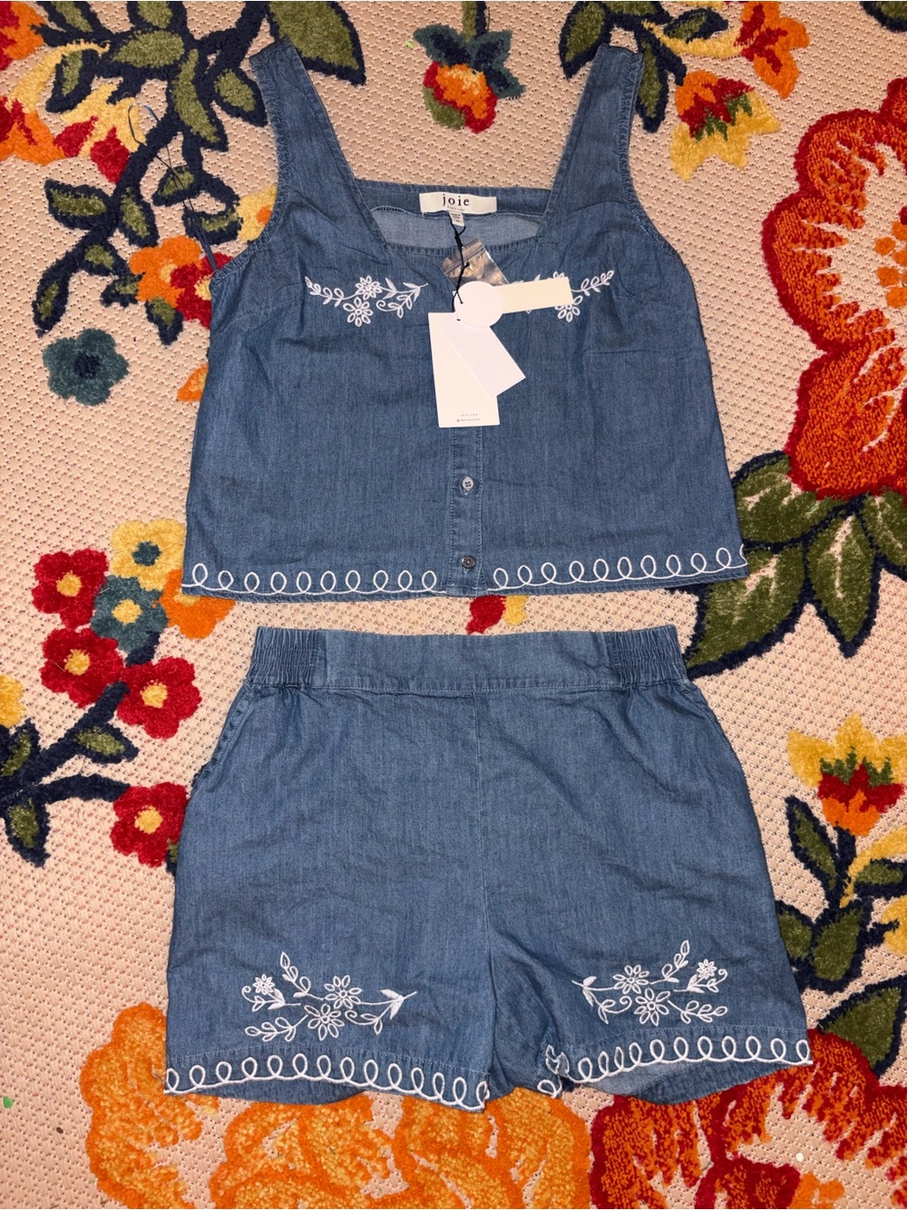 Joie Blue Denim Embroidered High-Waist Shorts Set